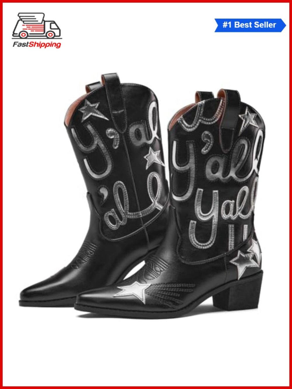 ✨ Embroidered Metallic Cowboy Boots Women Mid Calf Pointed Toe Chunky Heel